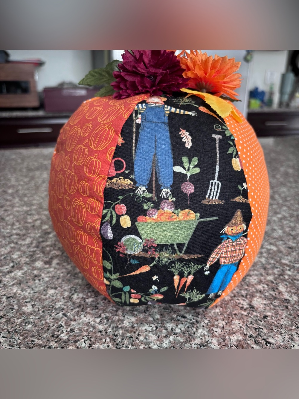 Fabric Patchwork Pumpkin Pillow in Orange, Red, Green, Brown, Black Fall 11”x9”